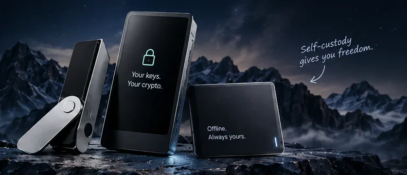 Conceptual illustrations of hardware wallet devices against a dark mountain landscape